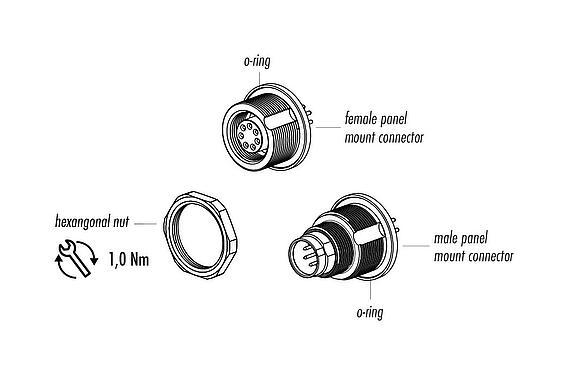 Component part drawing M9 Female panel mount connector, Contacts: 3, unshielded, THT, IP67, M12x0.5, Rear mounting