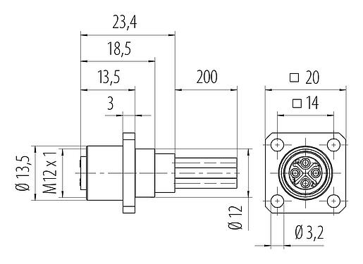 比例图 M12 孔头方型法兰座, 极数: 4, 非屏蔽, 带导线, IP40, UL 2238, M3 (4x), 板前安装, 模压成型
