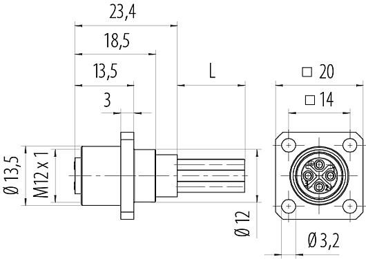 比例图 M12 孔头方型法兰座, 极数: 4, 非屏蔽, 带导线, IP40, UL 2238, M3 (4x), 板前安装, 模压成型