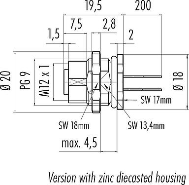 比例图 M12 孔头法兰座, 极数: 4, 非屏蔽, 带导线, IP68, UL 2238, PG 9, 後壁安裝