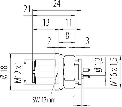 比例图 M12 针头法兰座, 极数: 4, 非屏蔽, THR, IP68, UL 2238, M16x1.5, 板前安装