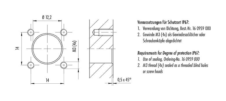 Próbka montażowa 09 0632 070 04 - M12 Zeńskie złącze do montażu panelowego z kwadratowym kołnierzem, Kontaktów: 4, nieekranowany, pojedyncze przewody, IP40, UL
