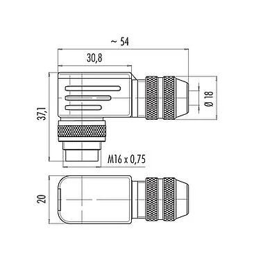 Scale drawing M16 Male angled connector, Contacts: 14 (14-b), 6.0-8.0 mm, shieldable, solder, IP67, UL 2238