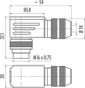 Scale drawing M16 Male angled connector, Contacts: 14 (14-b), 6.0-8.0 mm, shieldable, solder, IP67, UL 2238