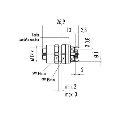 Scale drawing 99 3782 210 08 - M12 Female panel mount connector, Contacts: 8, shieldable, THT, IP67, UL