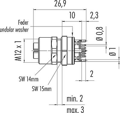 Scale drawing M12 Female panel mount connector, Contacts: 8, shieldable, THT, IP67, UL, M12x1.0, Front mounting, potted