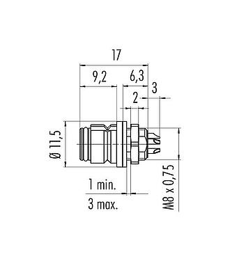 Scale drawing Snap-In Female panel mount connector, Contacts: 4, unshielded, solder, IP67, UL 2238, M8x0,75, Front mounting