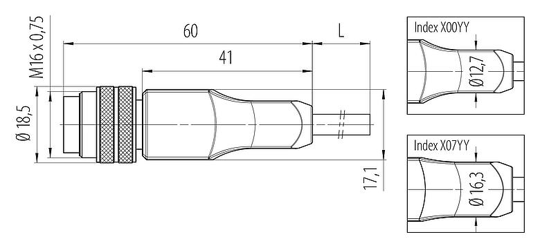 Scale drawing M16 Male cable connector, Contacts: 6, unshielded, moulded on the cable, IP67, PUR, black, 6 x 0.25 mm², 5 m
