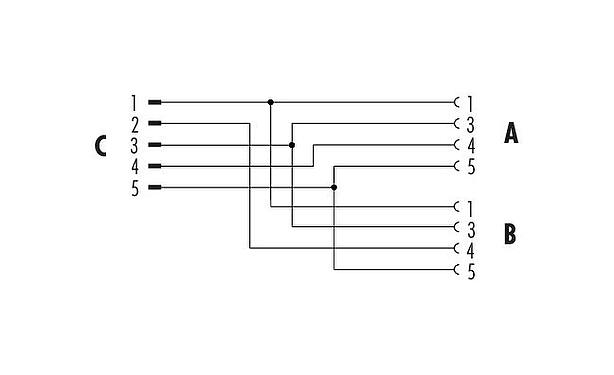 Pin assignment plans 79 5207 00 05 - M12/M12,M12 Twin distributor, Y-distributor, male connector - 2 female connector, Contacts: 5/4, unshielded, pluggable, IP68, UL