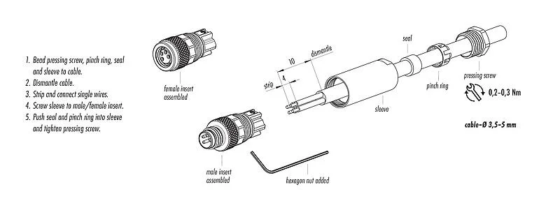 Instrukcja montażu 99 3383 100 04 - M8 Męskie złącze kablowe proste, Kontaktów: 4, 3,5-5,0 mm, nieekranowany, zacisk śrubowy, IP67, UL