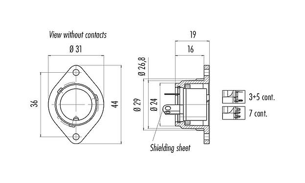 Scale drawing 09 0062 70 05 - Bayonet Female panel mount connector, Contacts: 5, shieldable, solder, IP40