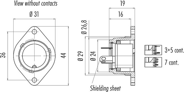 Scale drawing Bayonet Female panel mount connector, Contacts: 3, shieldable, solder, IP40, Front mounting