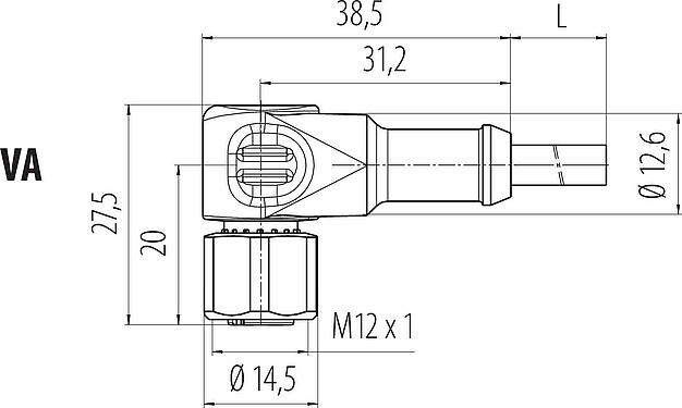 Scale drawing M12 Female angled connector, Contacts: 4, unshielded, moulded on the cable, IP68/IP69K, UL 2238, PVC, grey, 4 x 0.34 mm², stainless steel, 2 m