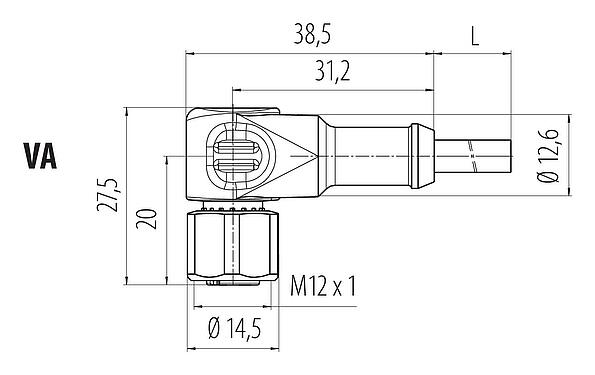 比例图 M12 弯角孔头电缆连接器, 极数: 4, 非屏蔽, 预铸电缆, IP68/IP69K, UL 2238, PUR, 黑色, 4x0.34 mm², 带LED的PNP, 不锈钢, 5m
