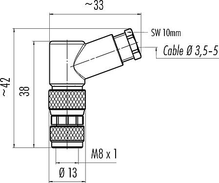 Scale drawing M8 Female angled connector, Contacts: 3, 3.5-5.0 mm, unshielded, screw clamp, IP67, UL 2238
