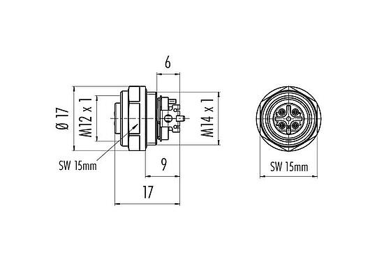 比例图 M12 孔头法兰座, 极数: 4, 可接屏蔽, SMT, IP67, M14x1.0, 板前安装