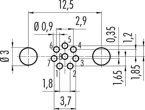 导体结构 M8 针头法兰座, 极数: 8, 可接屏蔽, THT, IP67, UL 2238, M8x1.0, 後壁安裝, 模压成型