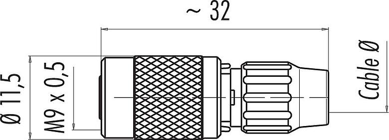 Scale drawing M9 Female cable connector, Contacts: 2, 3.0-4.0 mm, unshielded, solder, IP40