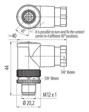 比例图 99 0437 145 05 - M12 弯角针头电缆连接器, 极数: 5, 6.0-8.0mm, 非屏蔽, 螺钉接线, IP67, UL