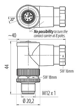 Scale drawing M12 Male angled connector, Contacts: 8, 6.0-8.0 mm, unshielded, screw clamp, IP67, UL 2238