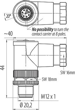 比例图 M12 弯角针头电缆连接器, 极数: 8, 6.0-8.0mm, 非屏蔽, 螺钉接线, IP67, UL 2238
