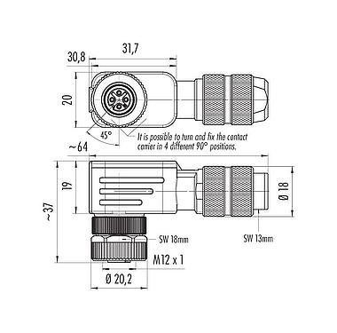 比例图 M12 弯角孔头电缆连接器, 极数: 4, 6.0-8.0mm, 可接屏蔽, 压接(压接触点必须单独订购), IP67, UL 2238