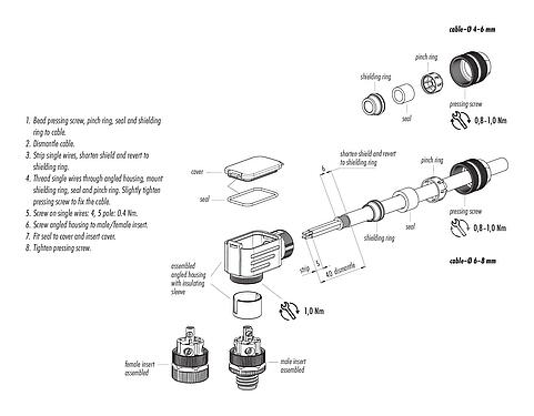 装配说明 M12 弯角孔头电缆连接器, 极数: 5, 6.0-8.0mm, 可接屏蔽, 螺钉接线, IP67, UL 2238, 带防护环