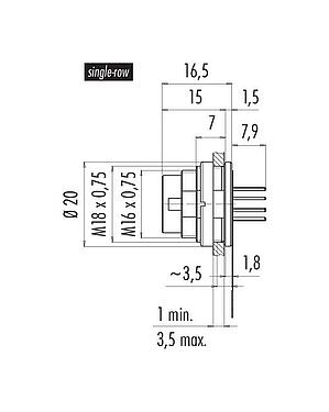 比例图 M16 针头法兰座, 极数: 12 (12-a), 非屏蔽, THT, IP67, M18x0,75, 後壁安裝