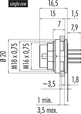 比例图 M16 针头法兰座, 极数: 12 (12-a), 非屏蔽, THT, IP67, M18x0,75, 後壁安裝