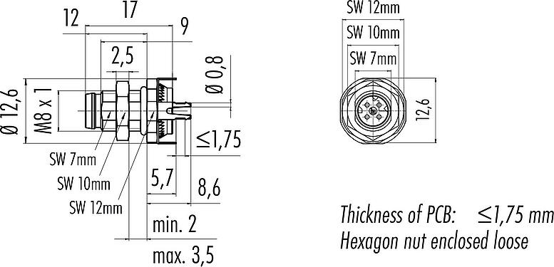 比例图 M8 针头法兰座, 极数: 4, 可接屏蔽, THT, IP67, M8x1.0, 後壁安裝, 模压成型