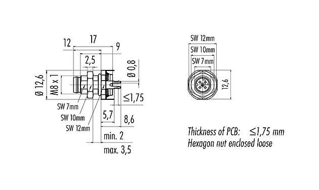 Scale drawing M8 Male panel mount connector, Contacts: 4, shieldable, THT, IP67, M8x1.0, Rear mounting, potted
