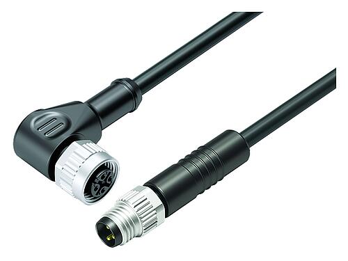 Illustration M12/M8 Male cable connector - female angled connector, Contacts: 3, unshielded, moulded on the cable, IP67/IP69K, UL 2238, PUR, black, 3 x 0.34 mm², 1 m