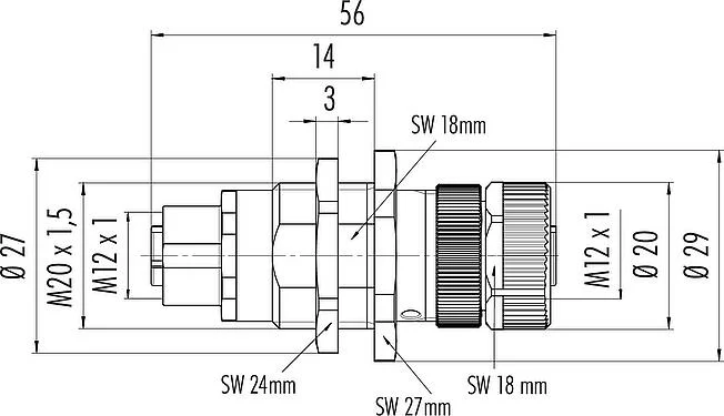 Scale drawing M12 Lead-through for control cabinet, Contacts: 4, shielded, pluggable, IP67, UL 2238, Rear mounting