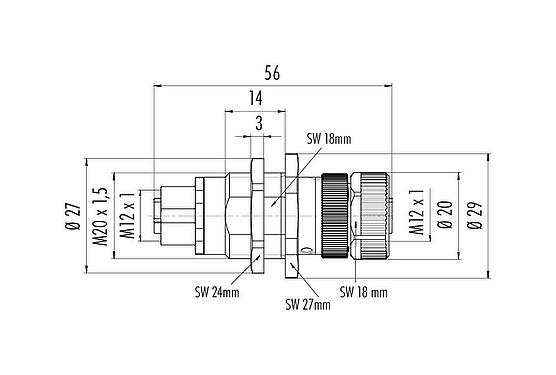 Scale drawing M12 Lead-through for control cabinet, Contacts: 4, shielded, pluggable, IP67, UL 2238, Rear mounting