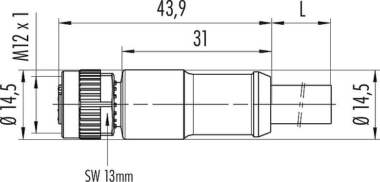 比例图 M12 直头孔头电缆连接器, 极数: 4, 非屏蔽, 预铸电缆, IP68, PUR, 黑色, 4x1.50mm², 2m