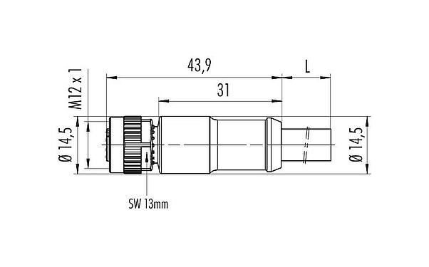 Scale drawing M12 Female cable connector, Contacts: 4, unshielded, moulded on the cable, IP68, PUR, black, 4 x 1.50 mm², 2 m