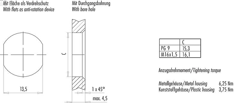 安装说明 M12 针头法兰座, 极数: 4, 非屏蔽, THT, IP68, UL 2238, M16x1.5, 後壁安裝