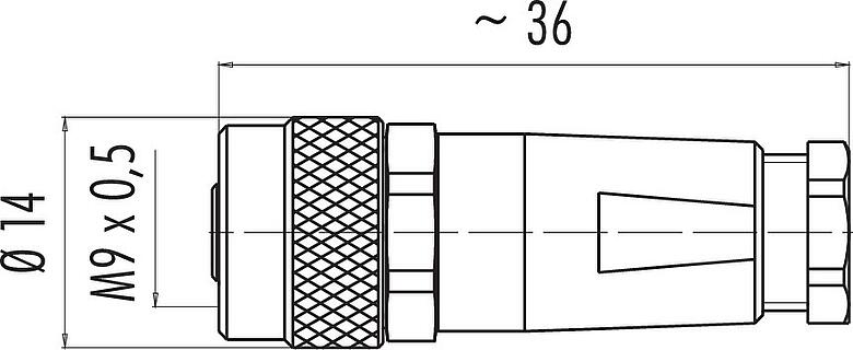 Scale drawing M9 Female cable connector, Contacts: 8, 3.5-5.0 mm, shieldable, solder, IP67, with shielding cuff