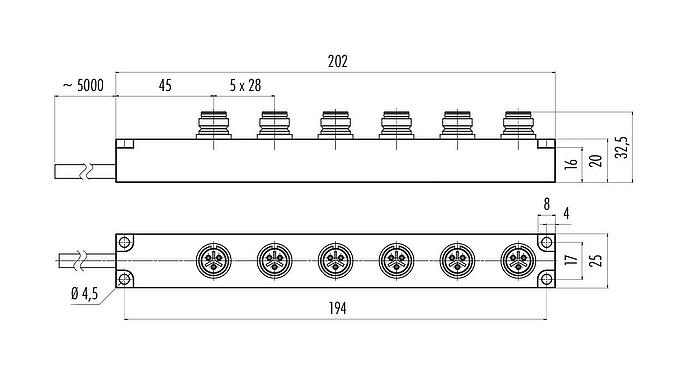 Scale drawing Snap-In 6-way distributor, Contacts: 3, unshielded, moulded on the cable, IP67, 3 x 0.75 mm²