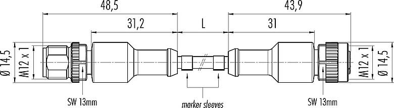 Scale drawing M12 Connecting cable male cable connector - female cable connector, Contacts: 5, unshielded, moulded on the cable, IP67/IP69K, UL 2238, PUR, black, 5 x 0.34 mm², 2 m