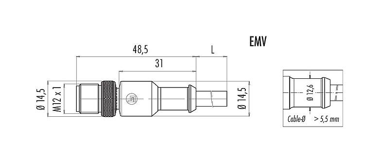 比例图 M12 直头针头电缆连接器, 极数: 4, 屏蔽, 预铸电缆, IP67, UL 2238, PVC, 灰色, 4x0.34 mm², 2m
