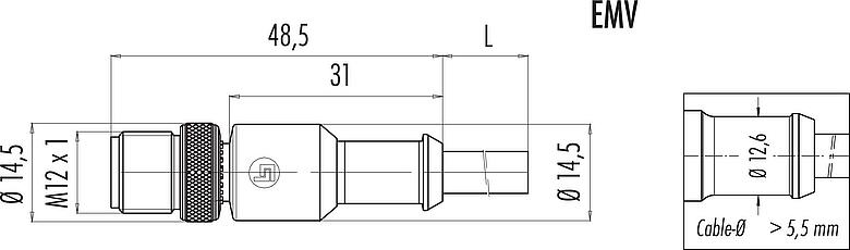 比例图 M12 直头针头电缆连接器, 极数: 3, 屏蔽, 预铸电缆, IP67, UL 2238, PVC, 灰色, 3x0.34mm², 2m