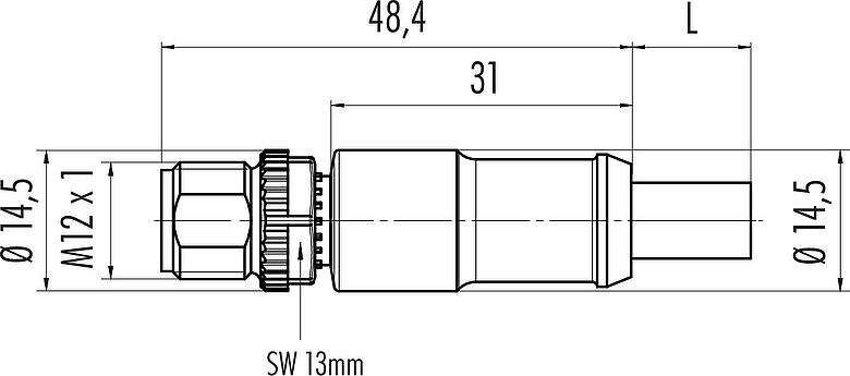 比例图 M12 直头针头电缆连接器, 极数: 5, 屏蔽, 预铸电缆, IP68, UL 2238, CAN总线, PUR, 紫色, 1x2xAWG 22+1x2xAWG 24, 2m