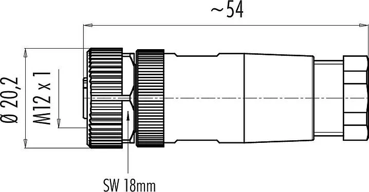 比例图 M12 直头孔头电缆连接器, 极数: 4, 6.0-8.0mm, 非屏蔽, 笼式弹簧, IP67