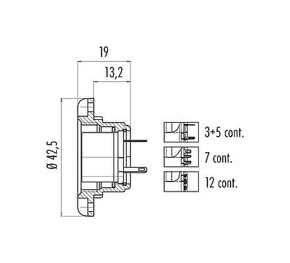 Scale drawing M25 Female panel mount connector, Contacts: 12, shieldable, solder, IP40, Front mounting