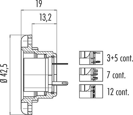 Scale drawing M25 Female panel mount connector, Contacts: 7, shieldable, solder, IP40, Front mounting