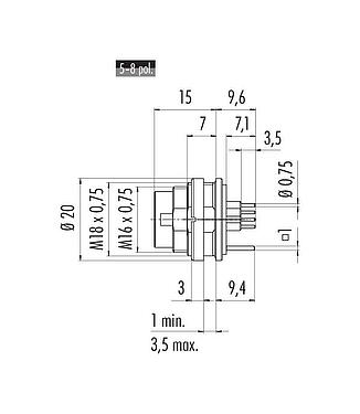 Scale drawing M16 Male panel mount connector, Contacts: 7 (07-a), shieldable, THT, IP68, UL 2238, M18x0,75, Rear mounting