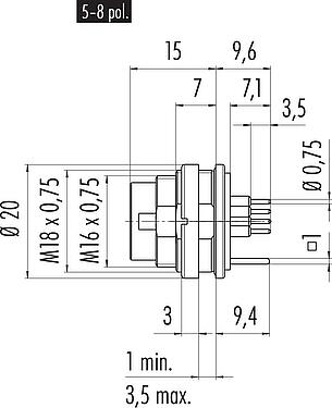 比例图 M16 针头法兰座, 极数: 7 (07-a), 可接屏蔽, THT, IP68, UL 2238, M18x0,75, 後壁安裝
