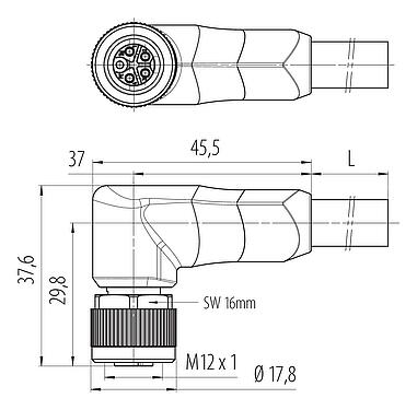 比例图 77 0674 0000 50505-0200 - M12 弯角孔头电缆连接器, 极数: 4+PE, 非屏蔽, 预铸电缆, IP68, UL, PUR, 黑色, 5x2.50mm², 2m