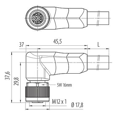 比例图 M12 弯角孔头电缆连接器, 极数: 4+PE, 非屏蔽, 预铸电缆, IP68, UL 2238, PUR, 黑色, 5x2.50mm², 5m